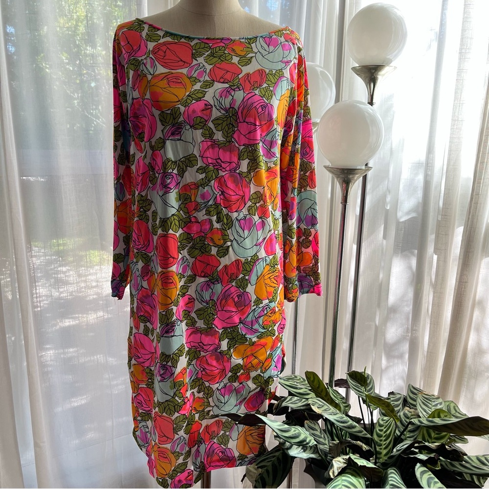 Vintage•Trillium Neon Floral Watercolor dress•sz S